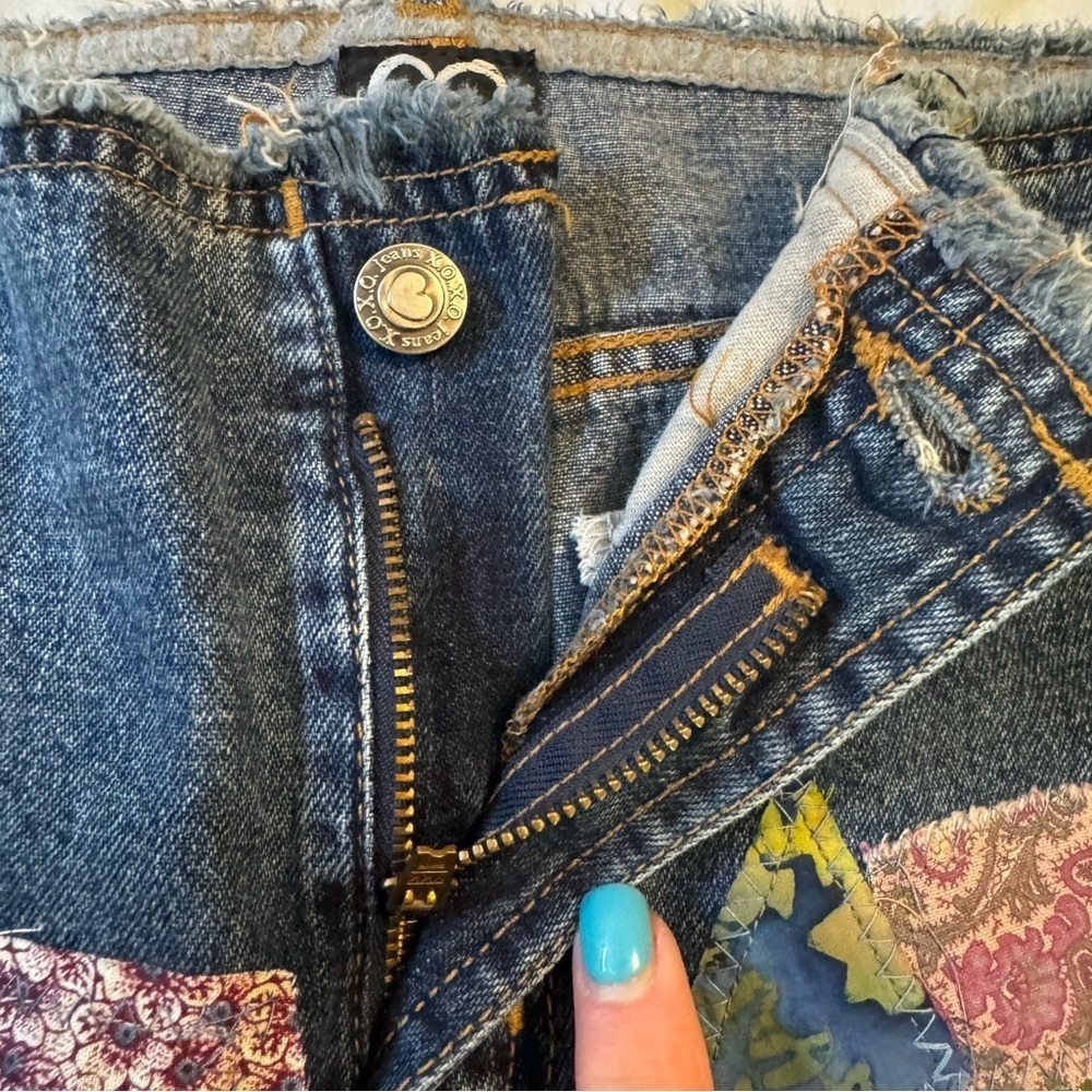 XOXO Boho Upcycled Denim Jean Patchwork Skirt with Vintage 80’s Material Sz 9/10 - Picture 3 of 14